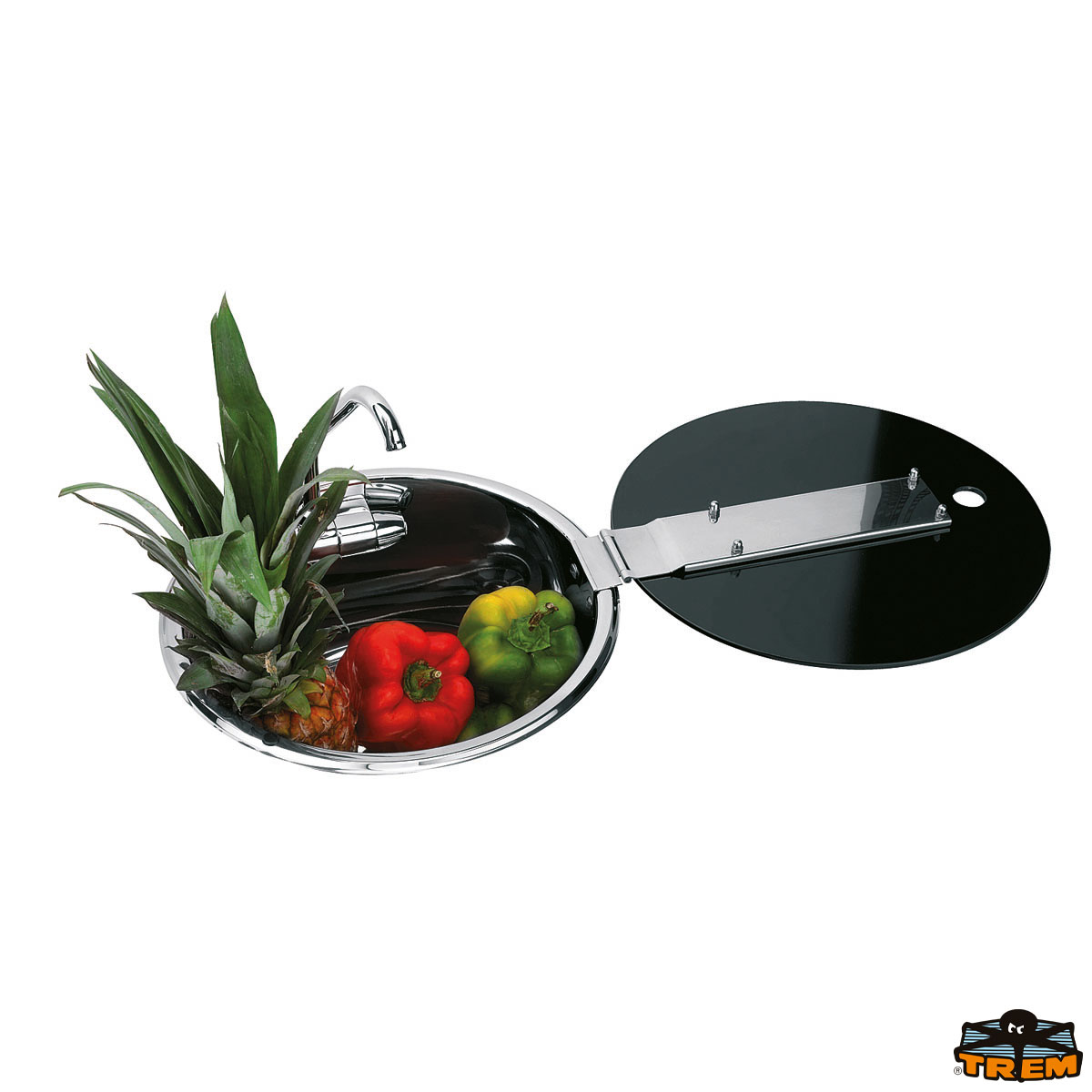 Immagine Lavello tondo da incasso con rubinetto abbattibile e coperchio in vetro